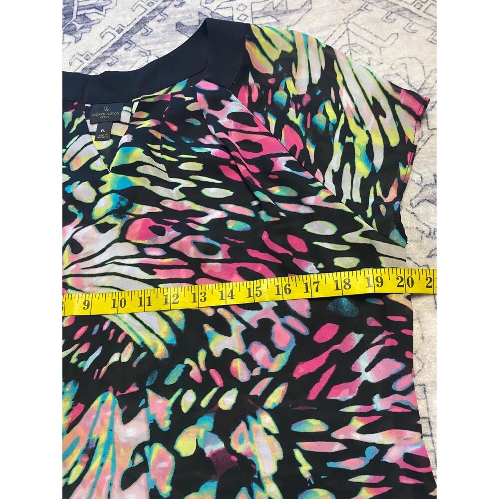 Worthington Petite Large Womens Multicolor Abstract Print Short Sleeve Blouse PL - Picture 4 of 6
